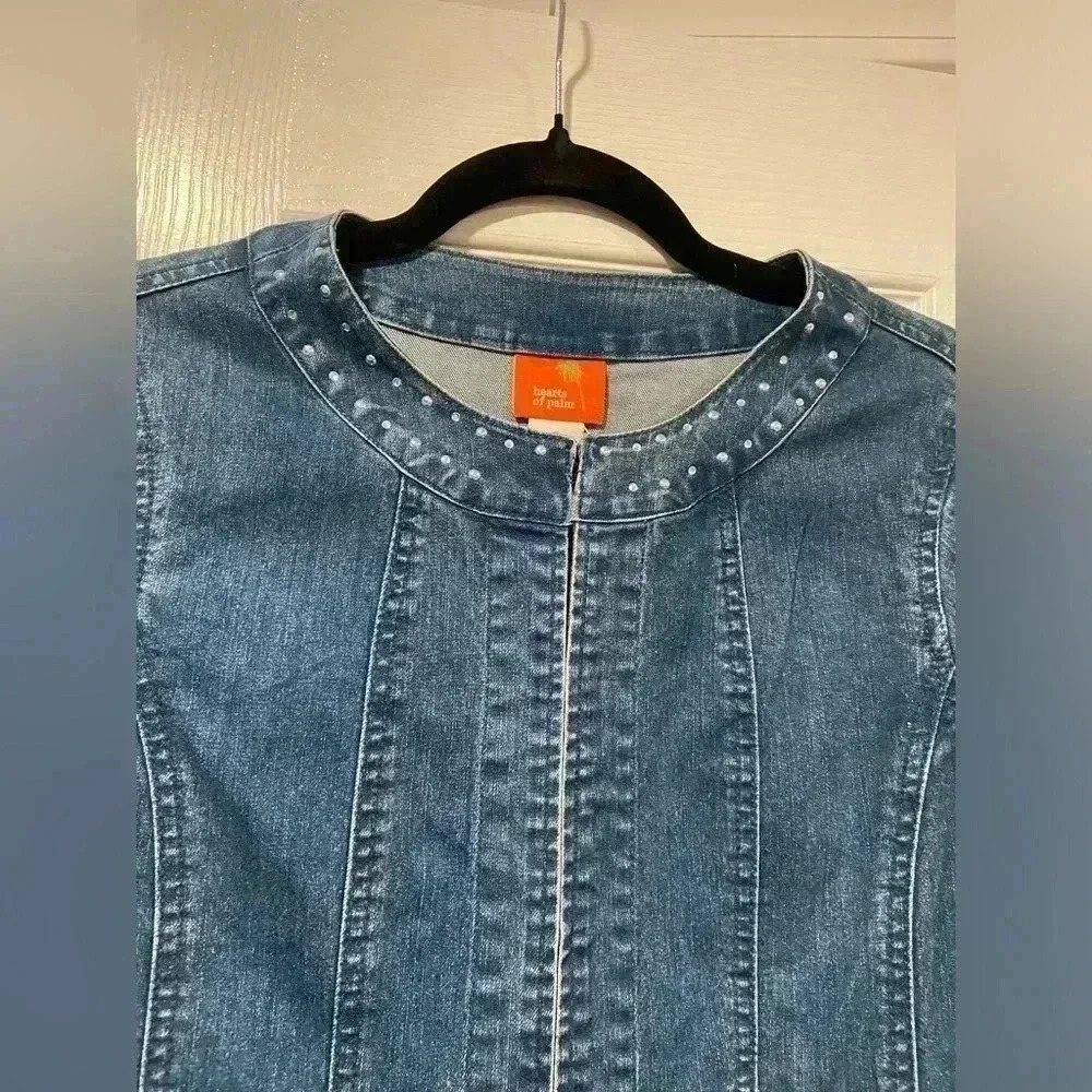 Hearts of Palm 3/4 Sleeve Rhinestone Crew Neck Denim Jacket Hook Loop Size 6 - Picture 10 of 10